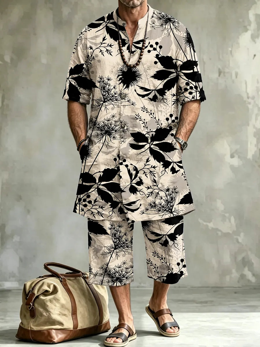 Men's Abstract Art Print Casual Henley Collar Short-sleeve Linen Top Shorts Two-piece Set